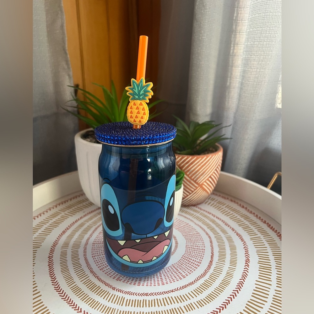 Stitch Glass Rhinestone Lidded Glass Tumbler with Straw & Straw Topper